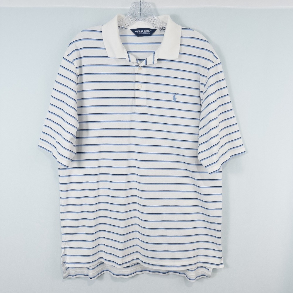 Polo Golf Ralph Lauren Mens Large Striped White Blue Pima Cotton Polo Shirt